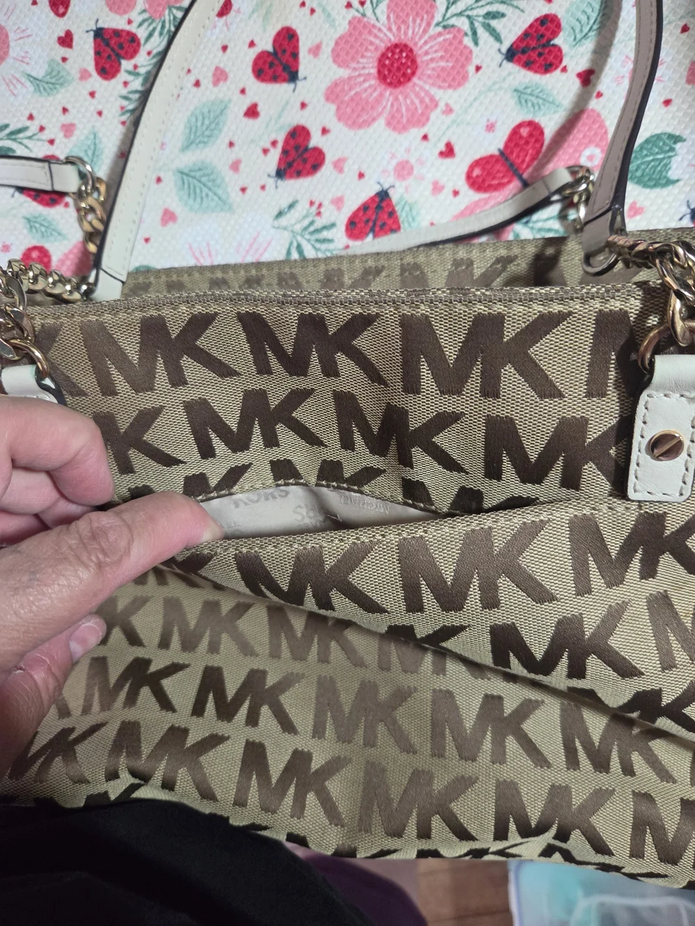 Michael Kors Tan/Brown MK Logo Tote with Chain-Detail Straps